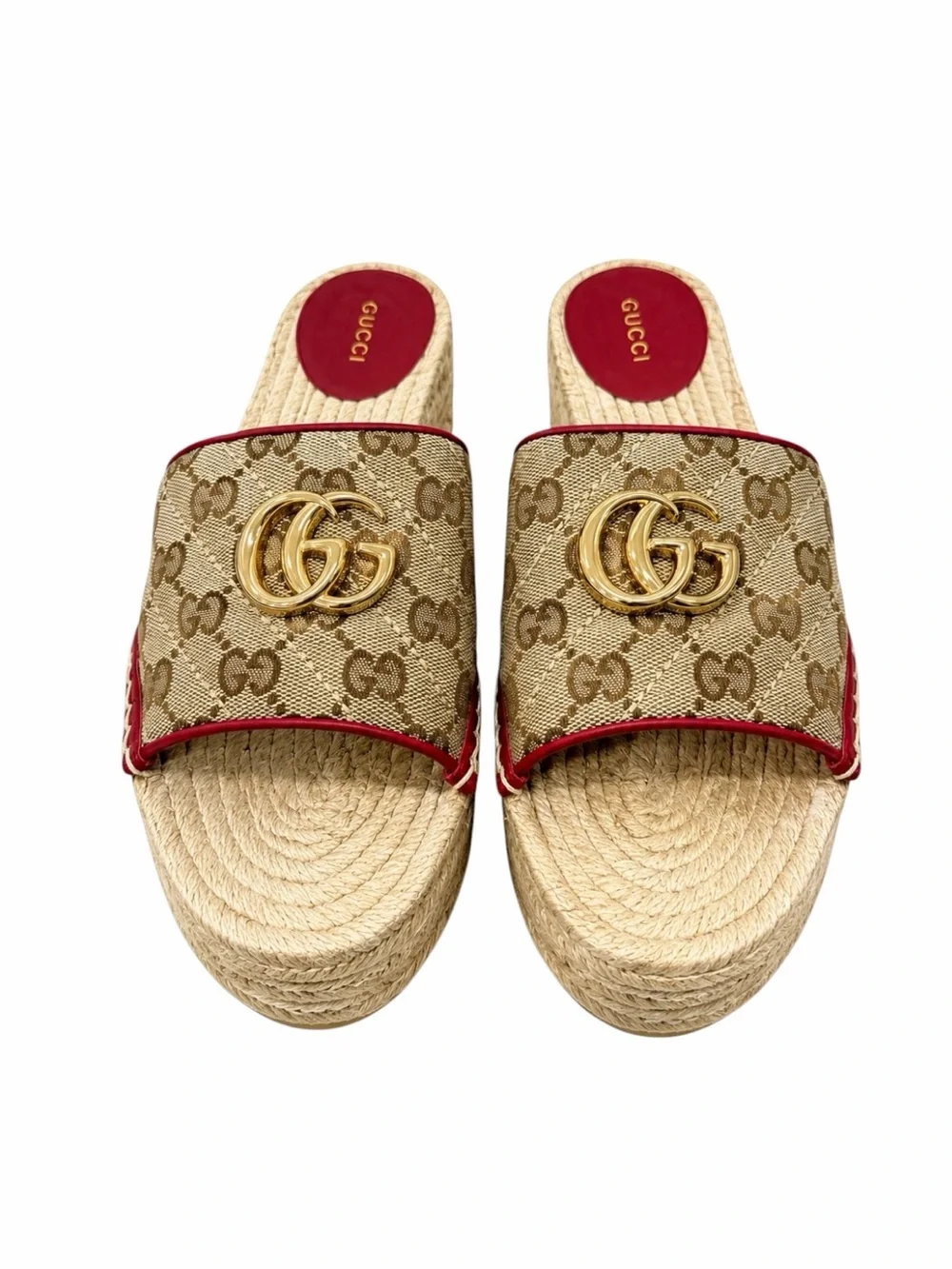 Gucci GG Canvas Platform Espadrille Slide Sandals Beige Red GG Logo EU 37.5